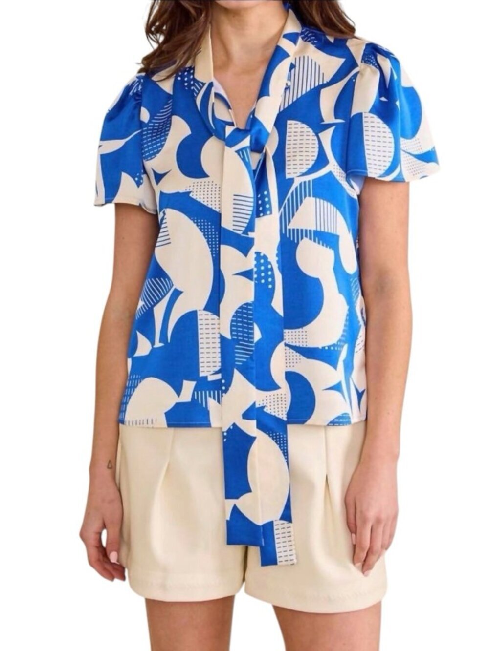 S’Edge Arden Top In Pompidou Blue Medium Short Sleeve Boutique Satin Tie NWT